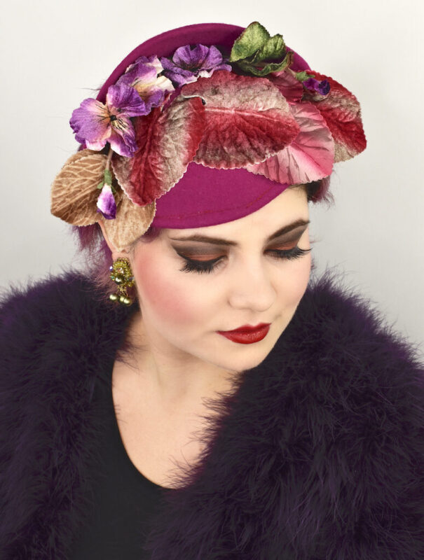 Pink sculpted wool felt with vintage leaves and flowers ,attaches with hat elastic copy