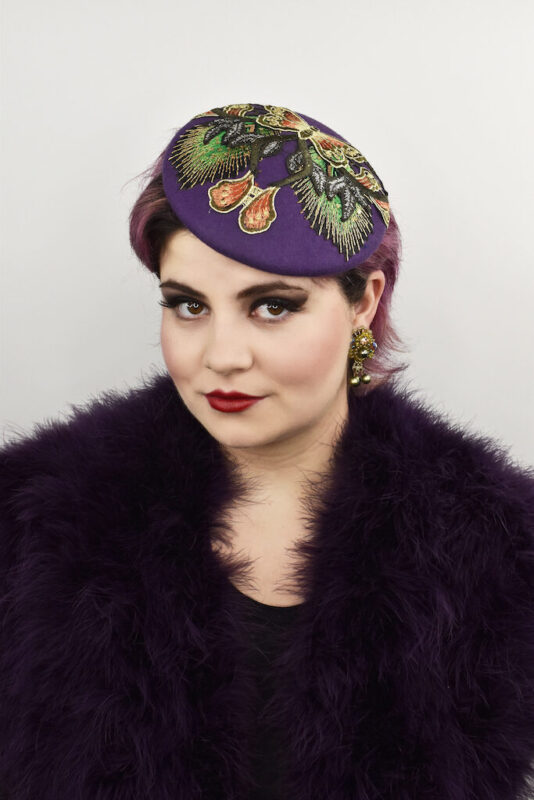 Purple beret with glittery sequins appliqué ,attaches with hat elastic  copy